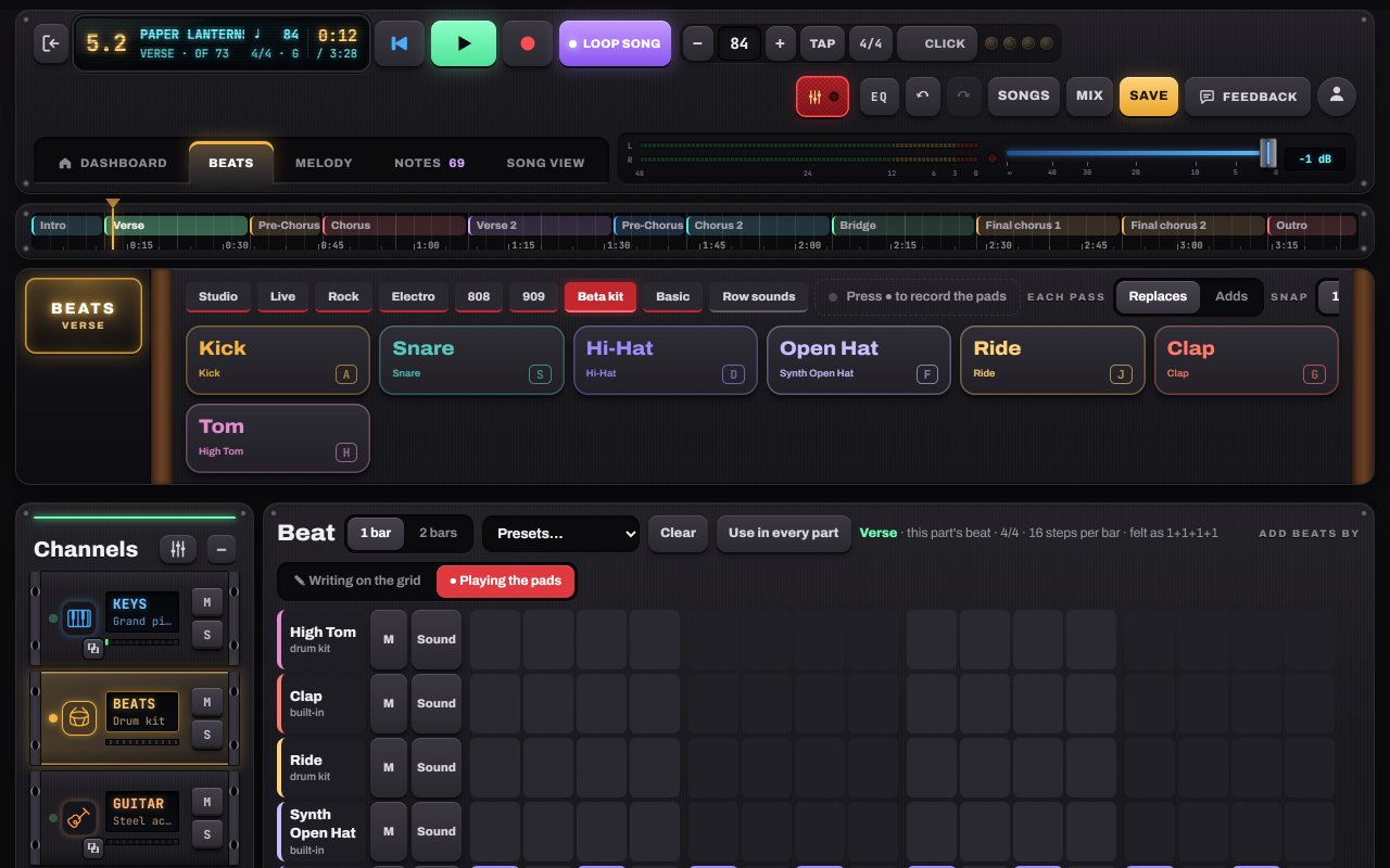 Beats screen in Notes to Play