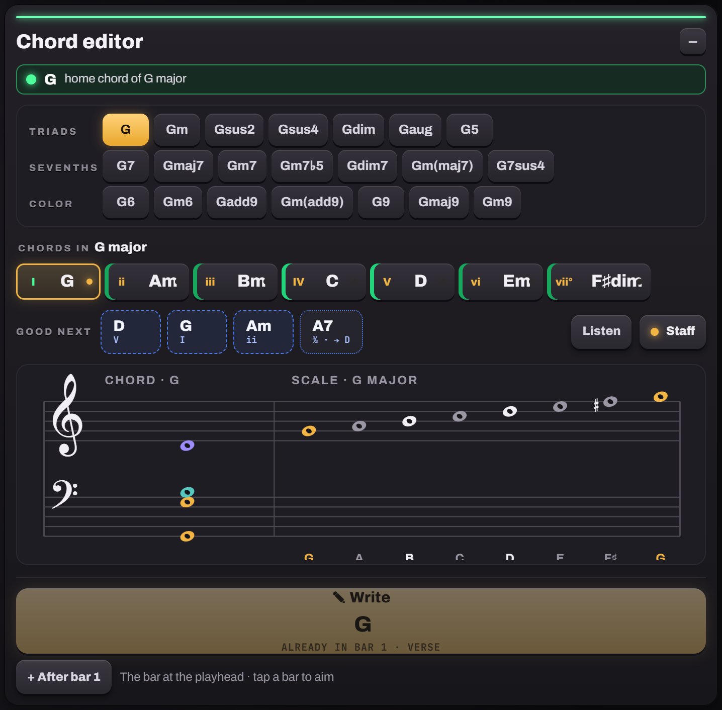 The Chord editor showing G as the home chord of G major, chord types, the chords in G major and a staff