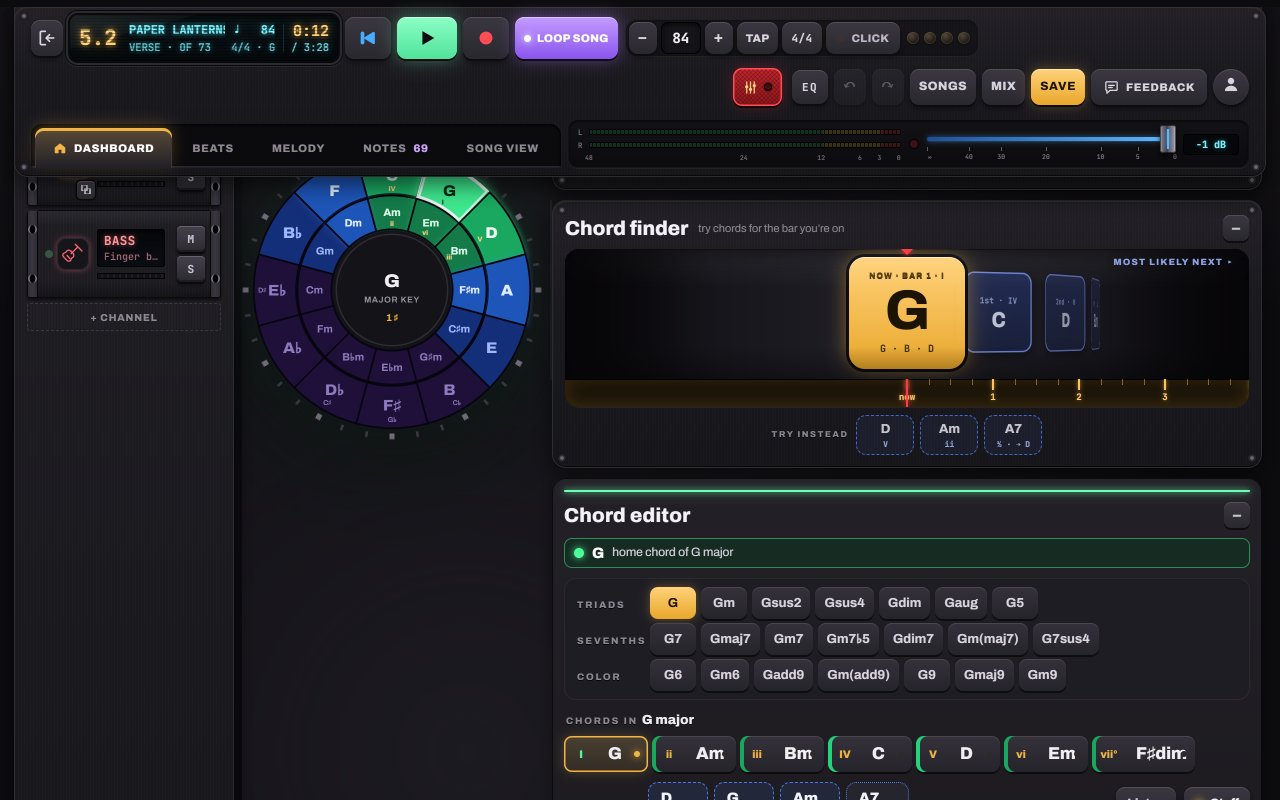 Circle of fifths, Chord finder and Chord editor on the Notes to Play dashboard
