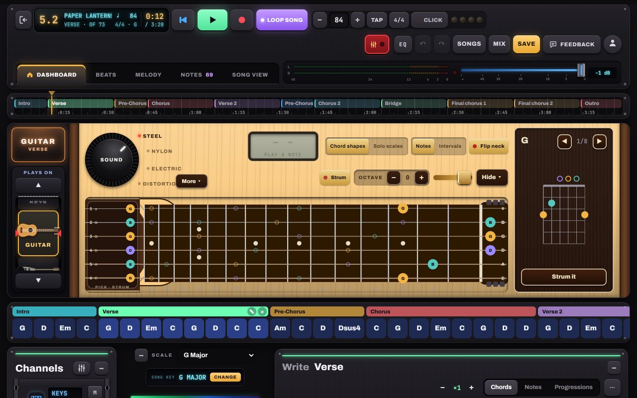 The guitar in Notes to Play: a real fretboard showing the G chord shape, the SOUND knob with Steel, Nylon, Electric and Distortion, and the chord box