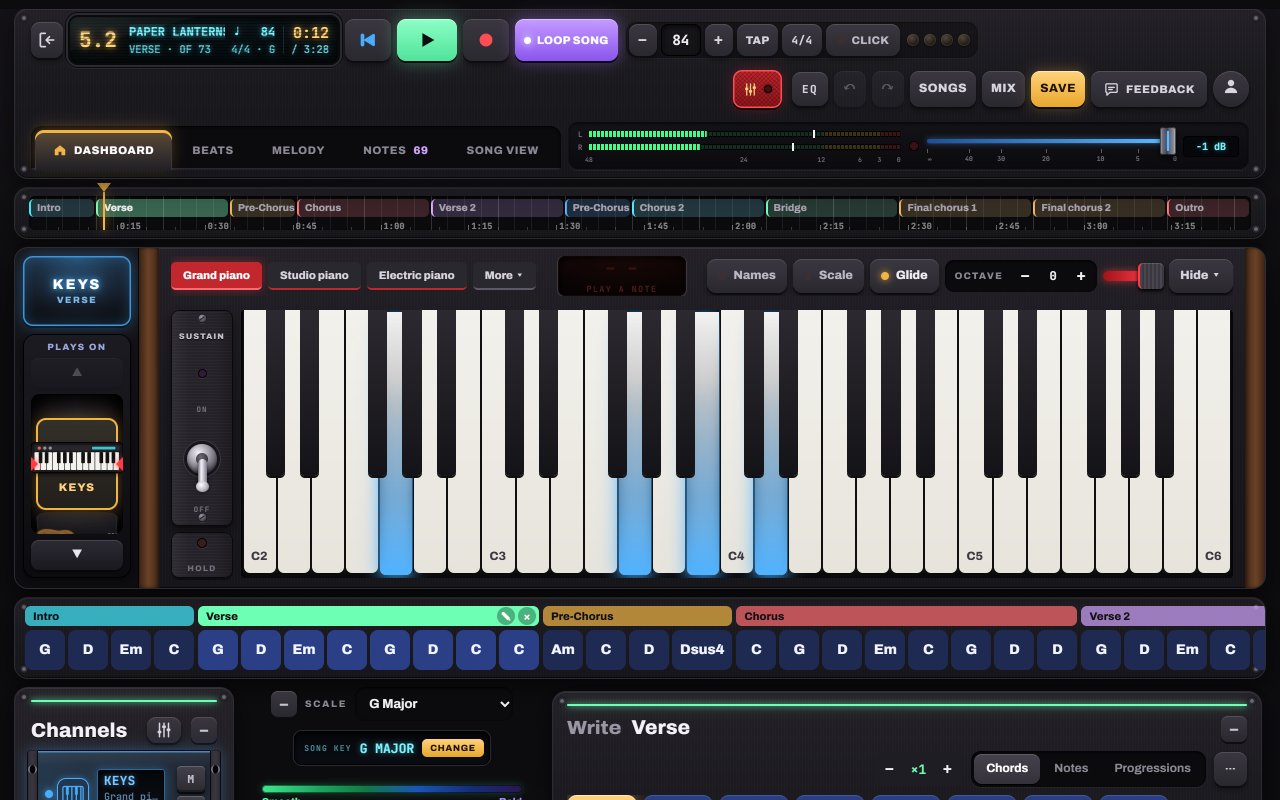 Keys screen in Notes to Play
