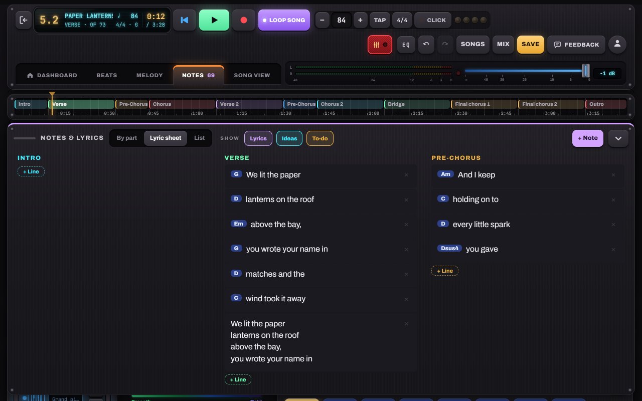 Lyrics screen in Notes to Play