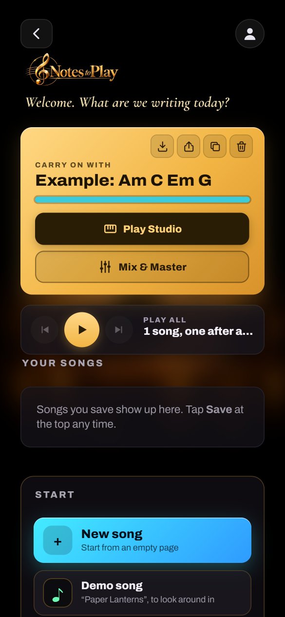The Notes to Play Start screen on a phone