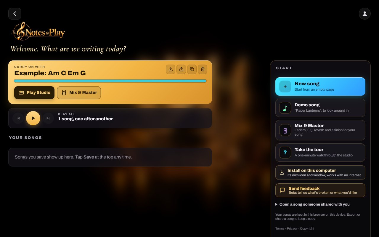 The Notes to Play Start screen on a tablet, with Install on this computer