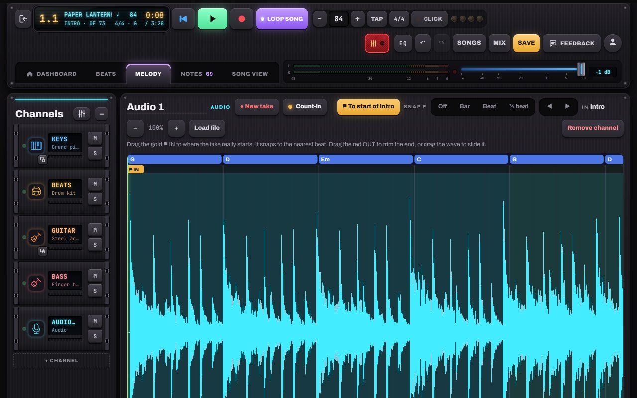 An audio take in Notes to Play with the gold IN flag, snap options and nudge controls