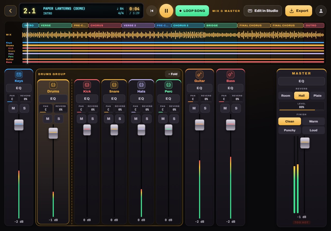 Mix & Master in Notes to Play: the song timeline, channel strips with faders, the drums group and the Master with reverb and Finish