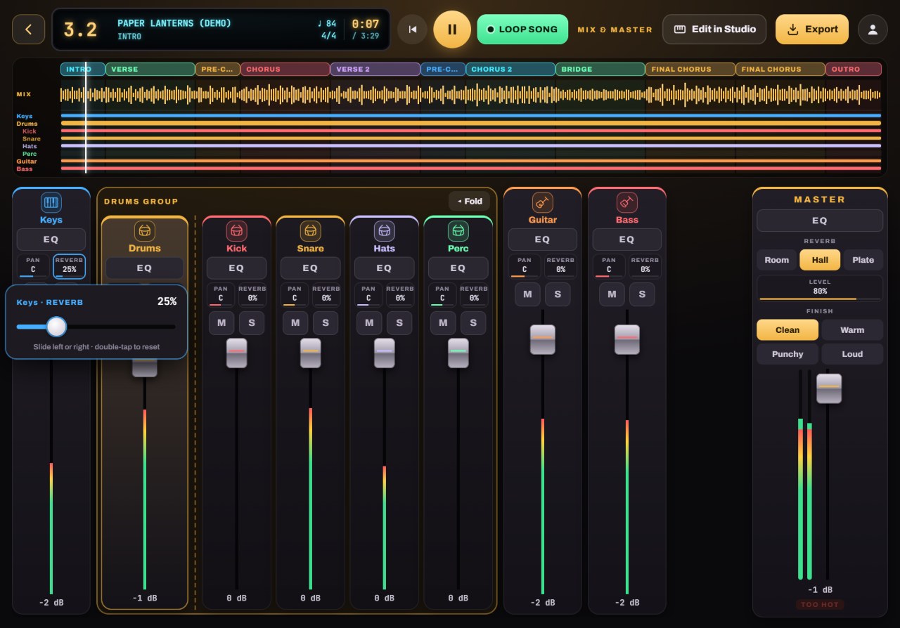 Place it with pan and reverb: the matching Notes to Play screen with numbered callouts