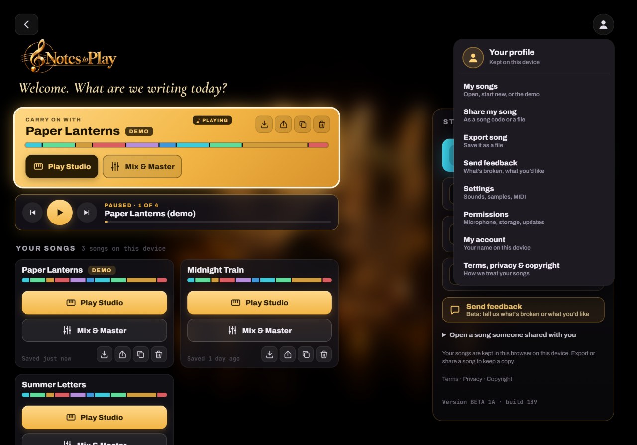 Connect a MIDI keyboard or a remote: the matching Notes to Play screen with numbered callouts