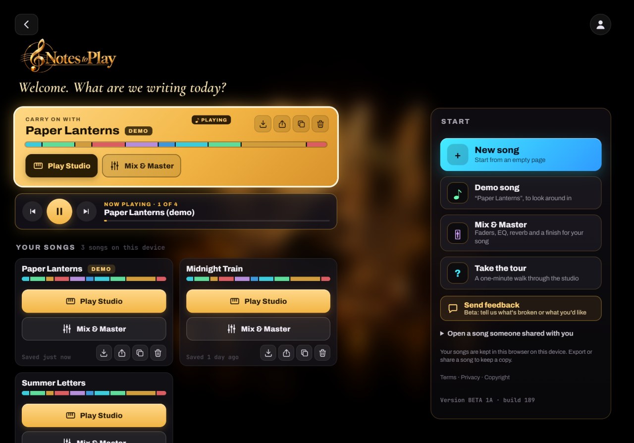 The Notes to Play Start screen: song cards with Play Studio and Mix & Master, the Play all player, and the Start panel