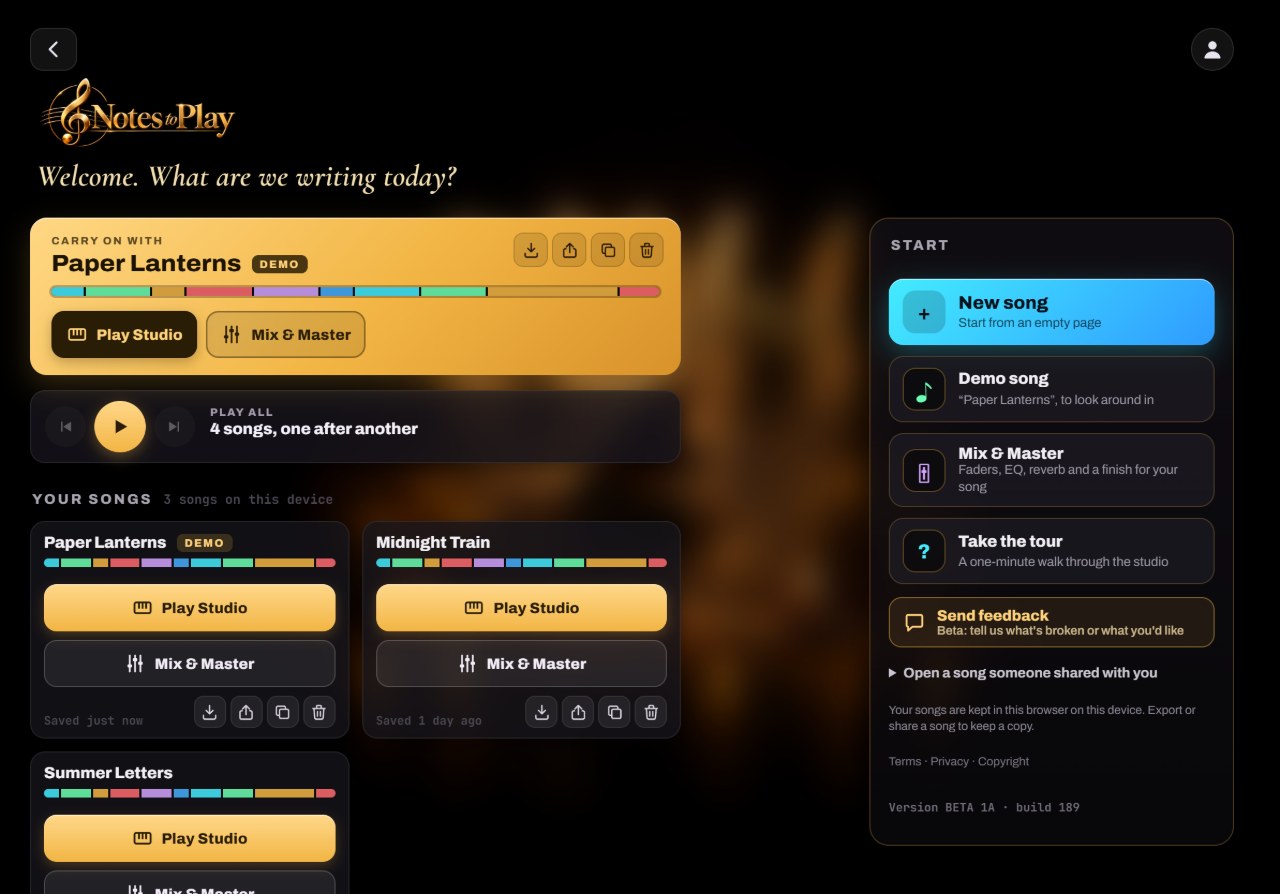 Start a new song: the matching Notes to Play screen with numbered callouts