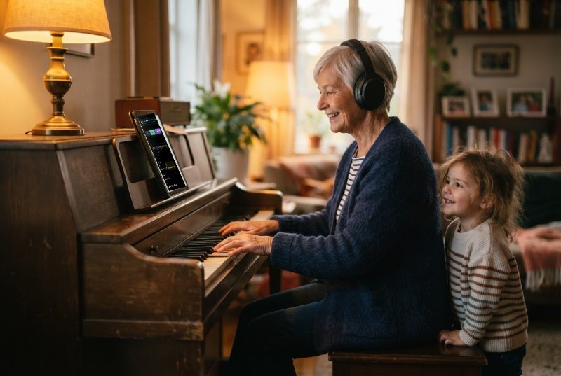 A grandmother in headphones playing an upright piano with Notes to Play on a tablet, her grandchild watching
