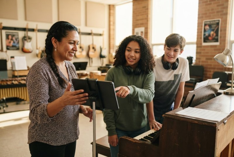 A music teacher showing three students a tablet beside an upright piano in a sunny classroom