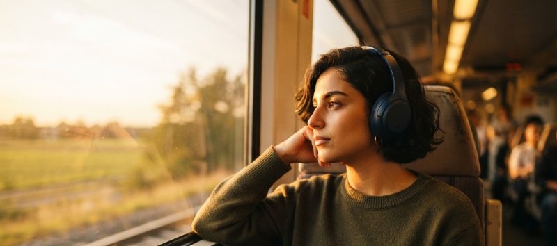 A woman in headphones on a train at golden hour, looking out of the window